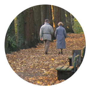 Senioren, Ehepaar spaziert auf dem Waldweg
